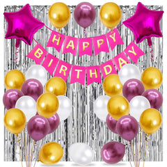 PartyCorp Happy Birthday Decoration Kit Combo 42 Pcs - Pink, Gold & White Chrome Balloons, Pink & Gold Happy Birthday Banner, Silver Curtain, Pink Star Foil Balloon
