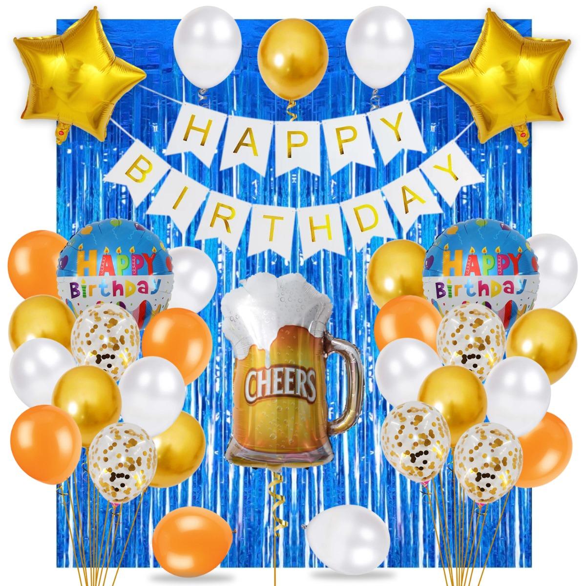 PartyCorp Happy Birthday Decoration Kit Combo 43 Pcs - Gold, Copper & White Chrome & Confetti Balloons, White & Gold Happy Birthday Banner, Blue Curtain, Cheers Beer Mug Foil Balloons