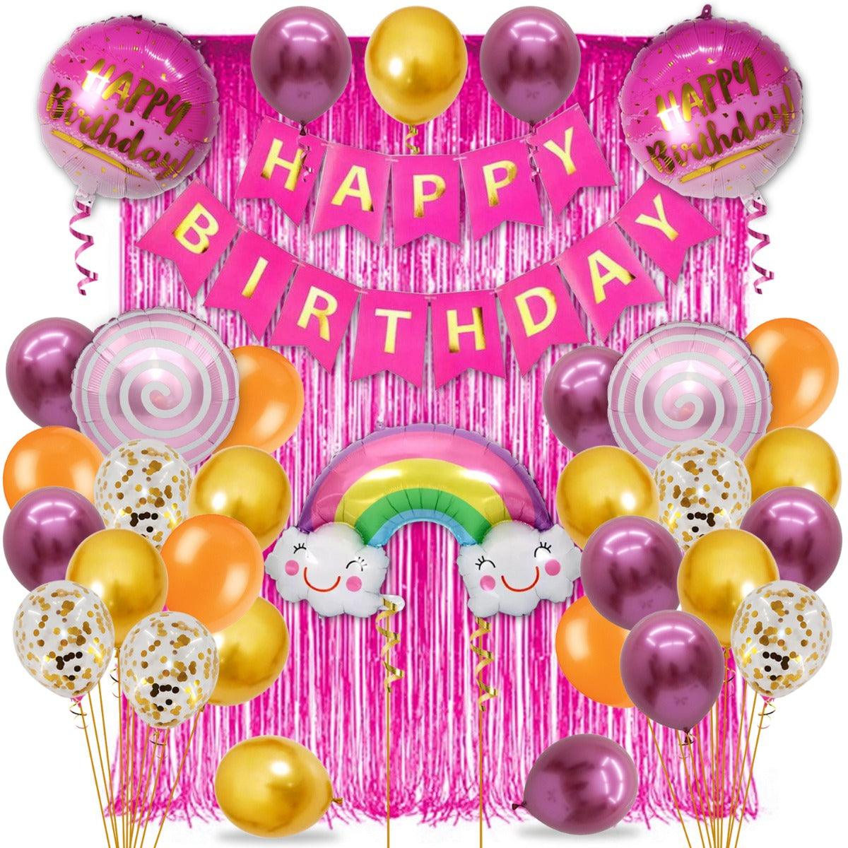 PartyCorp Happy Birthday Decoration Kit Combo 43 Pcs - Gold, Pink, Copper Chrome & Confetti Balloons, Pink & Gold Happy Birthday Banner, Pink Curtain, Rainbow & Cloud Foil Balloons