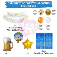 PartyCorp Happy Birthday Decoration Kit Combo 43 Pcs - Gold, Copper & White Chrome & Confetti Balloons, White & Gold Happy Birthday Banner, Blue Curtain, Cheers Beer Mug Foil Balloons