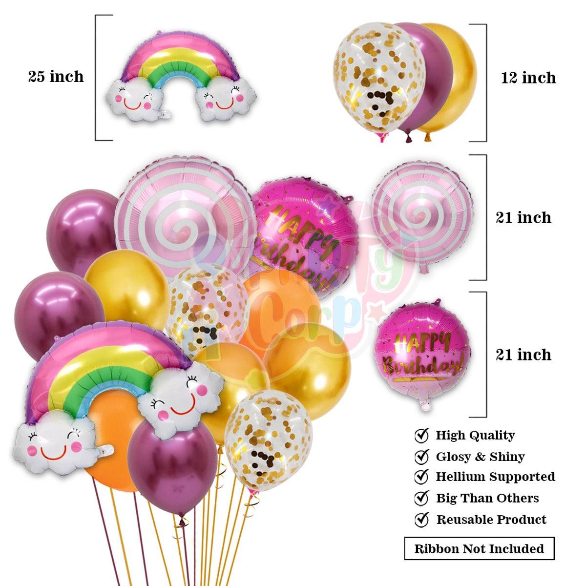 PartyCorp Happy Birthday Decoration Kit Combo 43 Pcs - Gold, Pink, Copper Chrome & Confetti Balloons, Pink & Gold Happy Birthday Banner, Pink Curtain, Rainbow & Cloud Foil Balloons