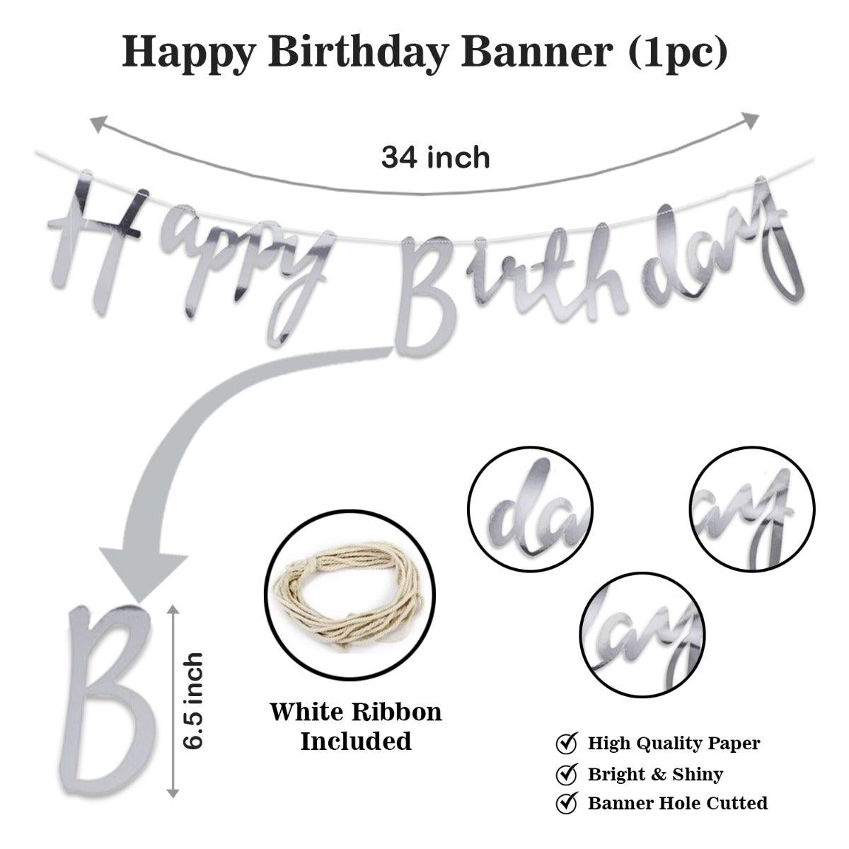 PartyCorp Happy Birthday Decoration Kit Combo 45 Pcs - Gold, Copper & White Chrome & Confetti Balloons, Silver Happy Birthday Banner, Black Curtain, Sliver Star Foil, Cheers Beer Mug Foil Balloons