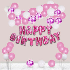 PartyCorp Happy Birthday Decoration Kit Combo 49 Pcs - Pink & White Latex & Pink Confetti Balloon, Pink Happy Birthday Banner