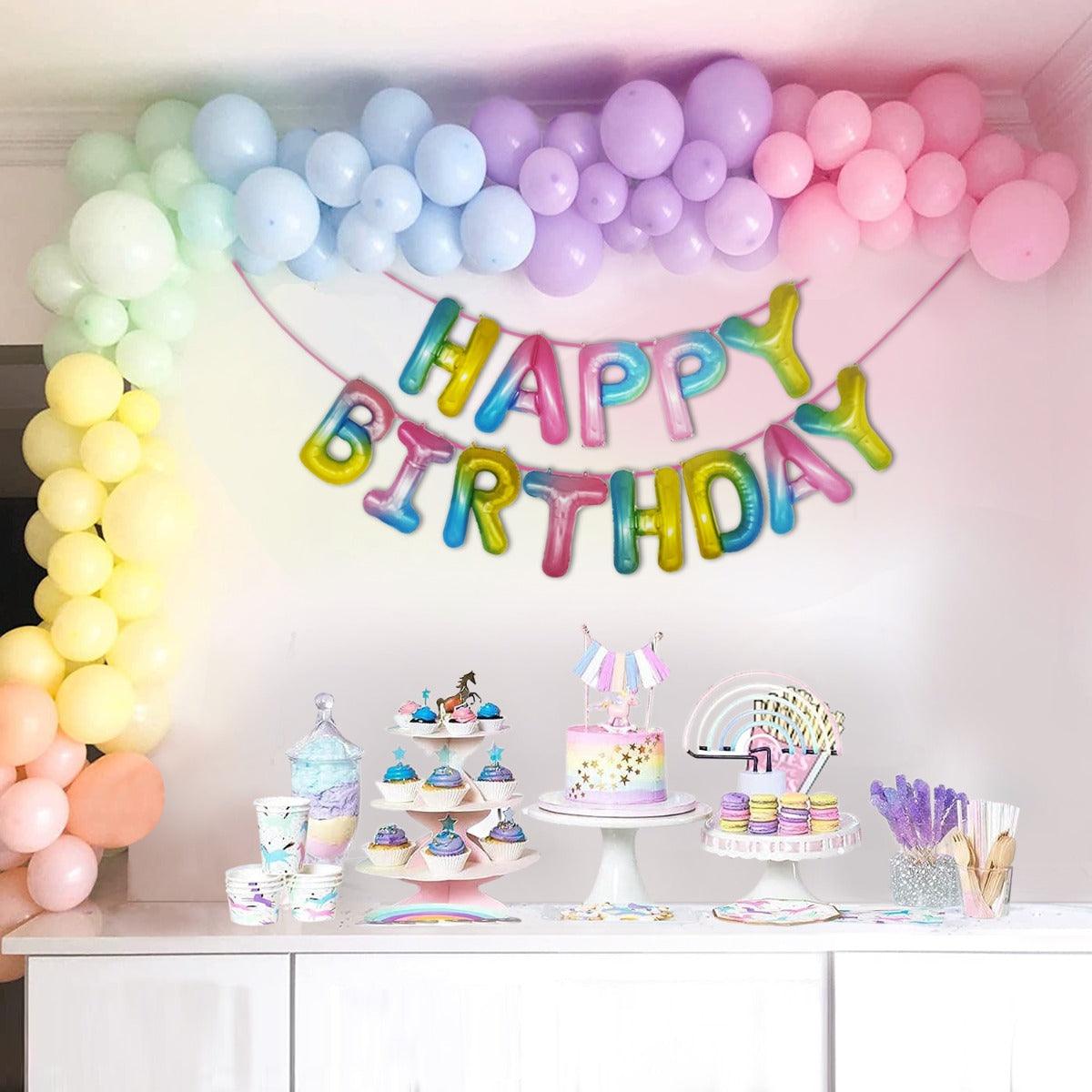 PartyCorp Happy Birthday Decoration Kit Combo 63 Pcs - Pink, Green, Blue, Yellow, Purple & Orange Pastel Balloons, Rainbow Happy Birthday Banner