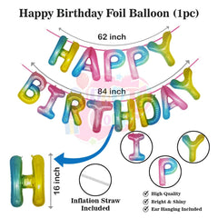 PartyCorp Happy Birthday Decoration Kit Combo 63 Pcs - Pink, Green, Blue, Yellow, Purple & Orange Pastel Balloons, Rainbow Happy Birthday Banner