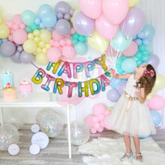 PartyCorp Happy Birthday Decoration Kit Combo 63 Pcs - Pink, Green, Blue, Yellow, Purple & Orange Pastel Balloons, Rainbow Happy Birthday Banner