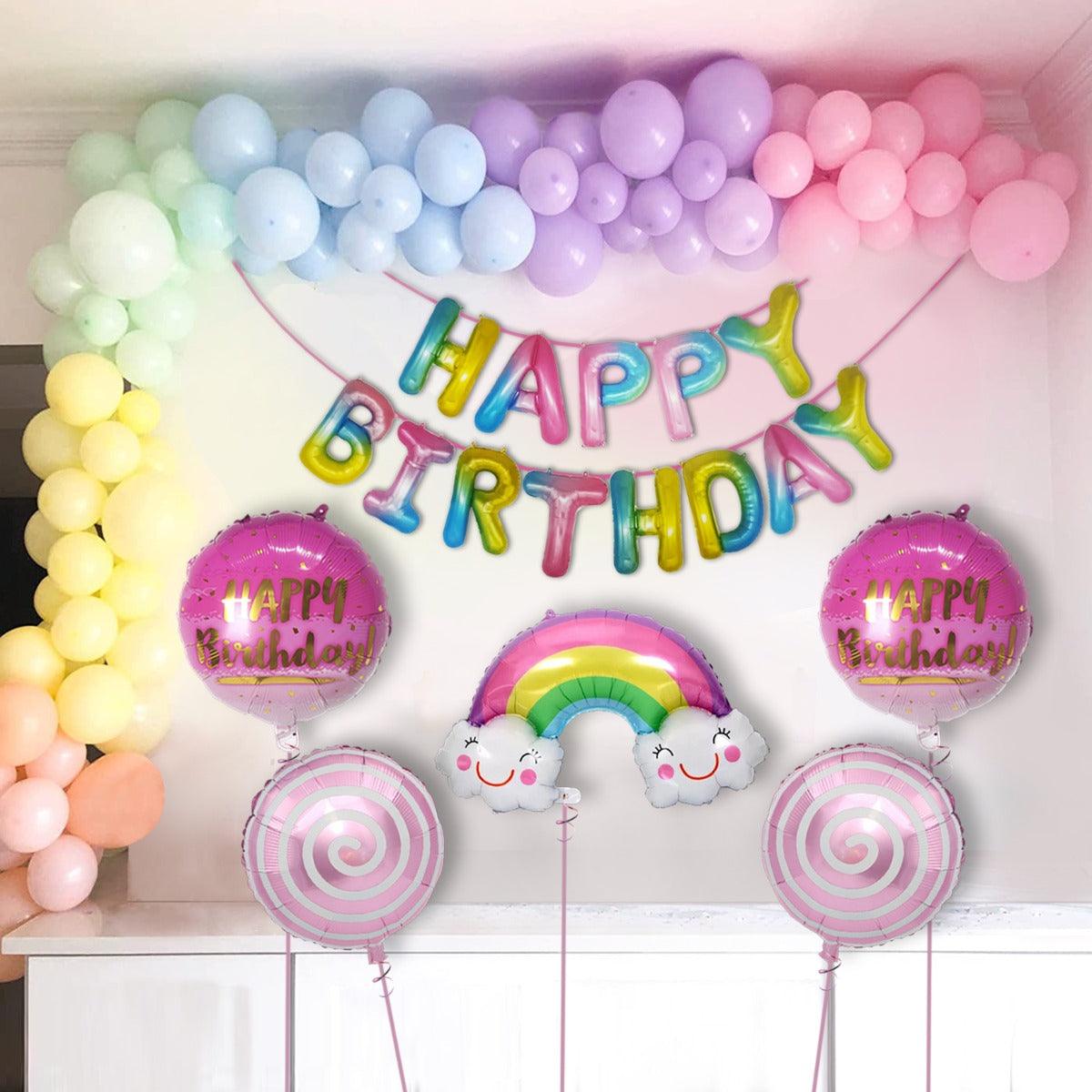 PartyCorp Happy Birthday Decoration Kit Combo 68 Pcs - Pink, Green, Blue, Yellow, Purple & Orange Pastel Balloons, Rainbow Happy Birthday Banner, Rainbow & Cloud Foil Balloons