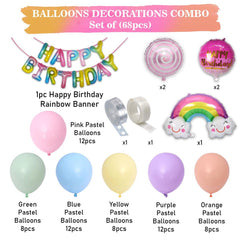 PartyCorp Happy Birthday Decoration Kit Combo 68 Pcs - Pink, Green, Blue, Yellow, Purple & Orange Pastel Balloons, Rainbow Happy Birthday Banner, Rainbow & Cloud Foil Balloons