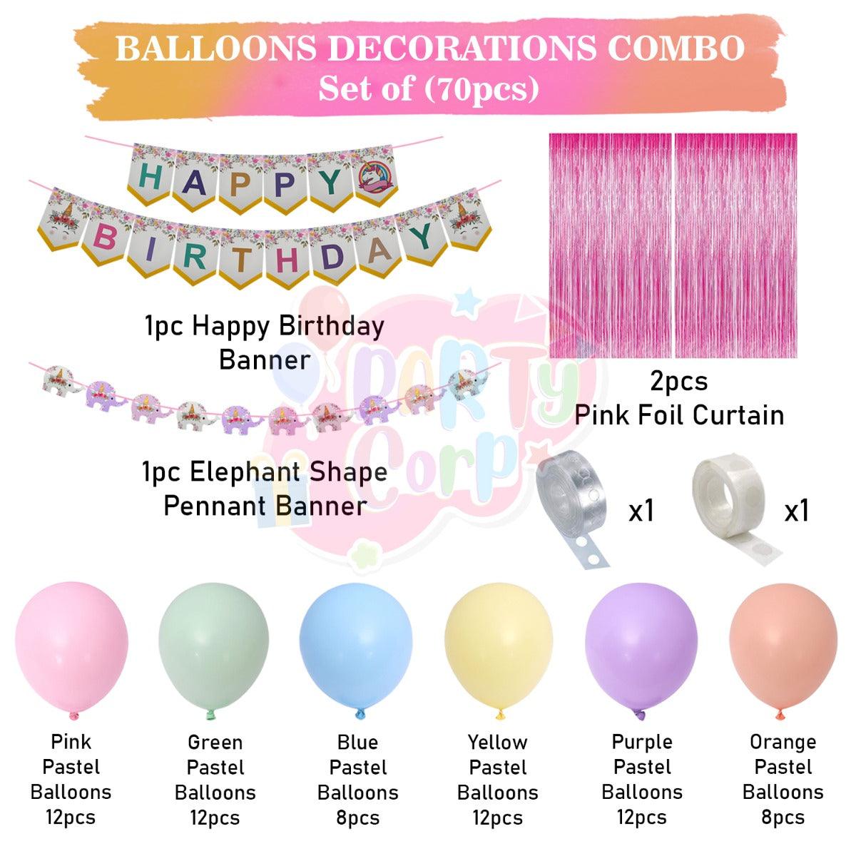 PartyCorp Happy Birthday Decoration Kit Combo 70 Pcs - Pink, Green, Blue, Yellow, Purple & Orange Pastel Balloons, Happy Birthday Bannner, Elephant Pennant Banner, Pink Curtain