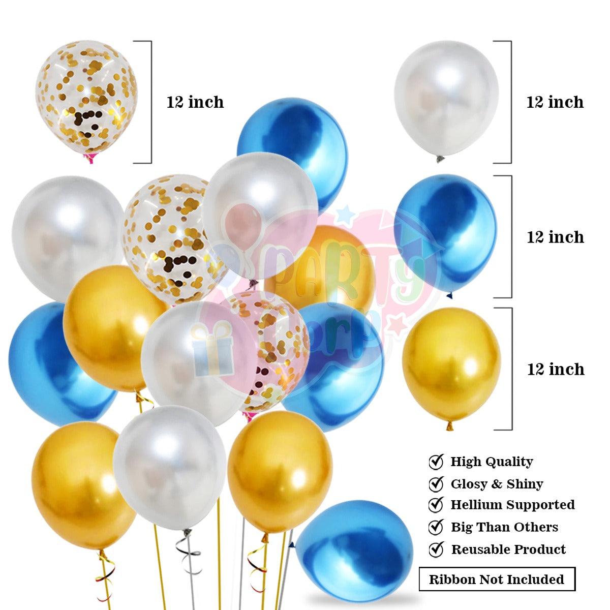 PartyCorp Happy Birthday Decoration Kit Combo 70 Pcs - Gold, Blue, White Chrome & Gold Confetti Balloons, Blue Happy Birthday Banner, Silver Curtain