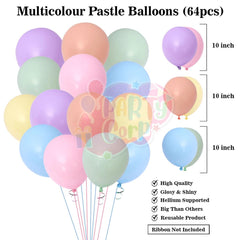 PartyCorp Happy Birthday Decoration Kit Combo 70 Pcs - Pink, Green, Blue, Yellow, Purple & Orange Pastel Balloons, Happy Birthday Bannner, Elephant Pennant Banner, Pink Curtain