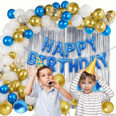 PartyCorp Happy Birthday Decoration Kit Combo 70 Pcs - Gold, Blue, White Chrome & Gold Confetti Balloons, Blue Happy Birthday Banner, Silver Curtain