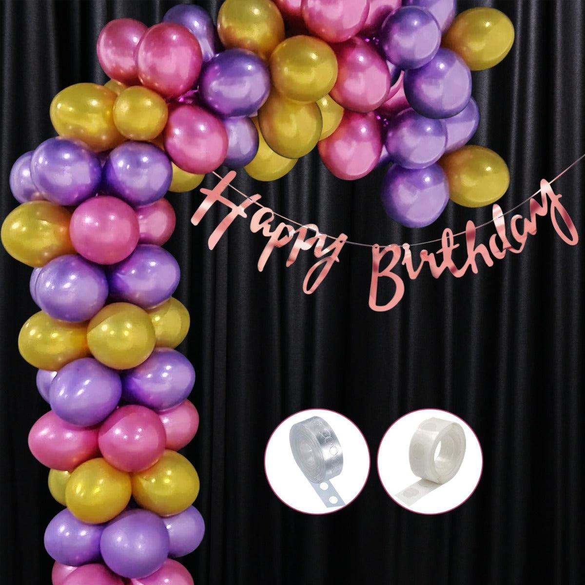 PartyCorp Happy Birthday Decoration Kit Combo 75 Pcs - Pink, Gold & Purple Chrome Balloons, Rose Gold Happy birthday Cut Out Banner