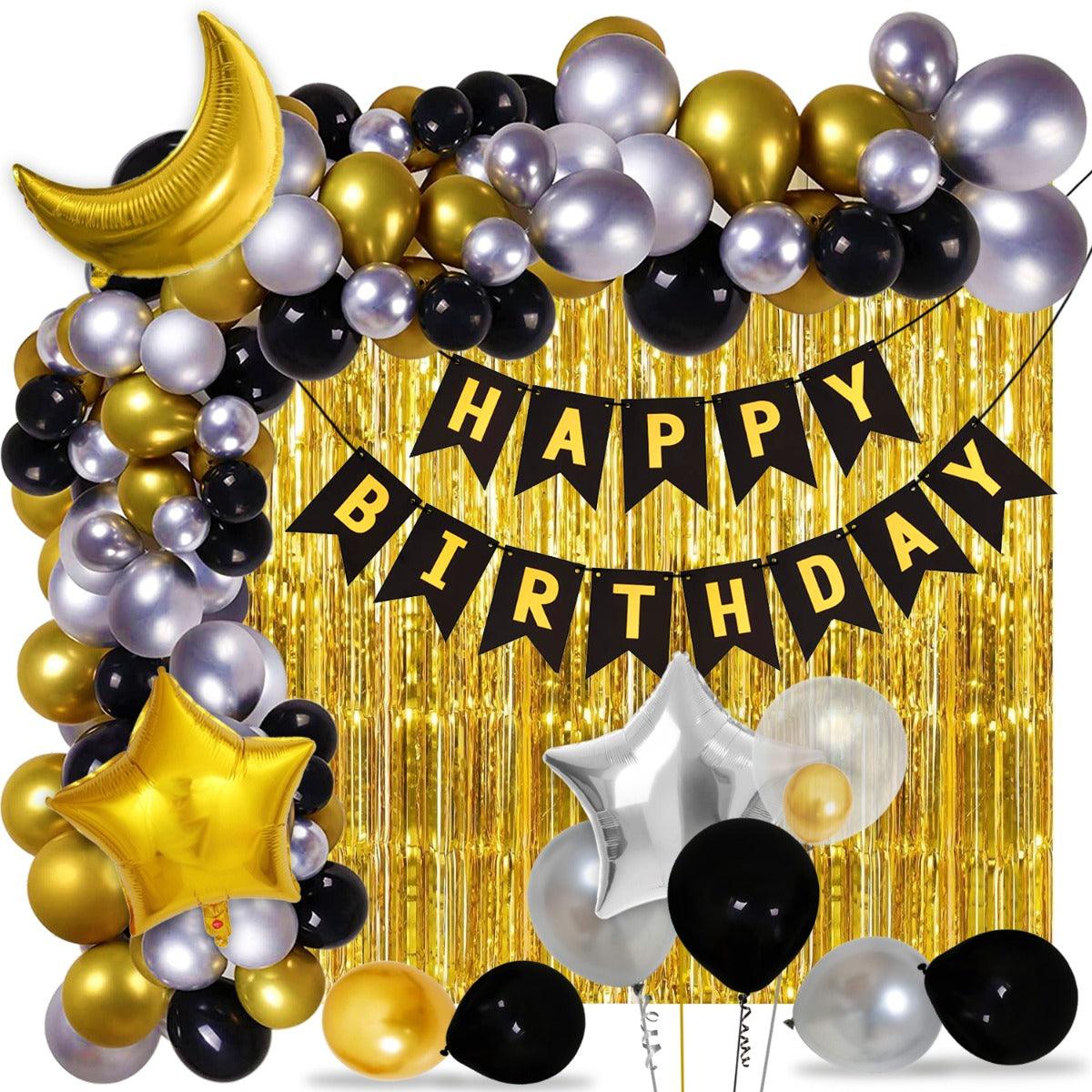 PartyCorp Happy Birthday Decoration Kit Combo 82 Pcs - Gold, Black & Silver Chrome Balloons(72 pcs), 1 pc Black & Gold Happy Birthday Printed Banner, 2 pc Gold Big Foil Curtain, 1 pc Moon & Star Foil Balloon Bouquet