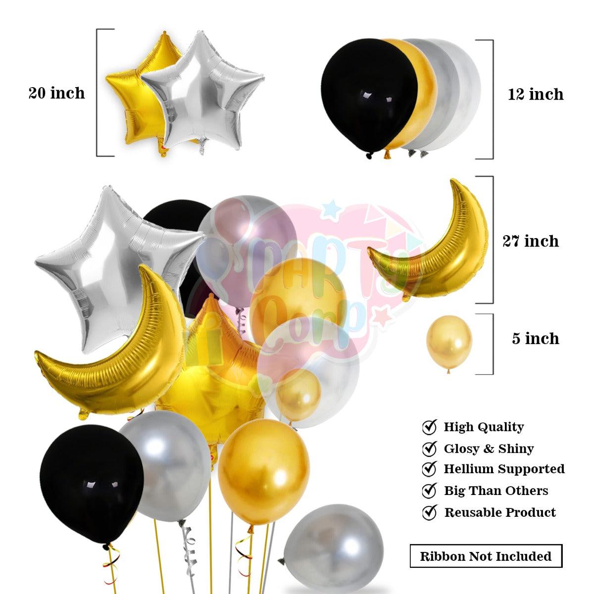 PartyCorp Happy Birthday Decoration Kit Combo 84 Pcs - Gold, Black & Silver Chrome Balloons, Black & Gold Happy Birthday Printed Banner, Gold Curtain, Moon & Star Foil Balloon