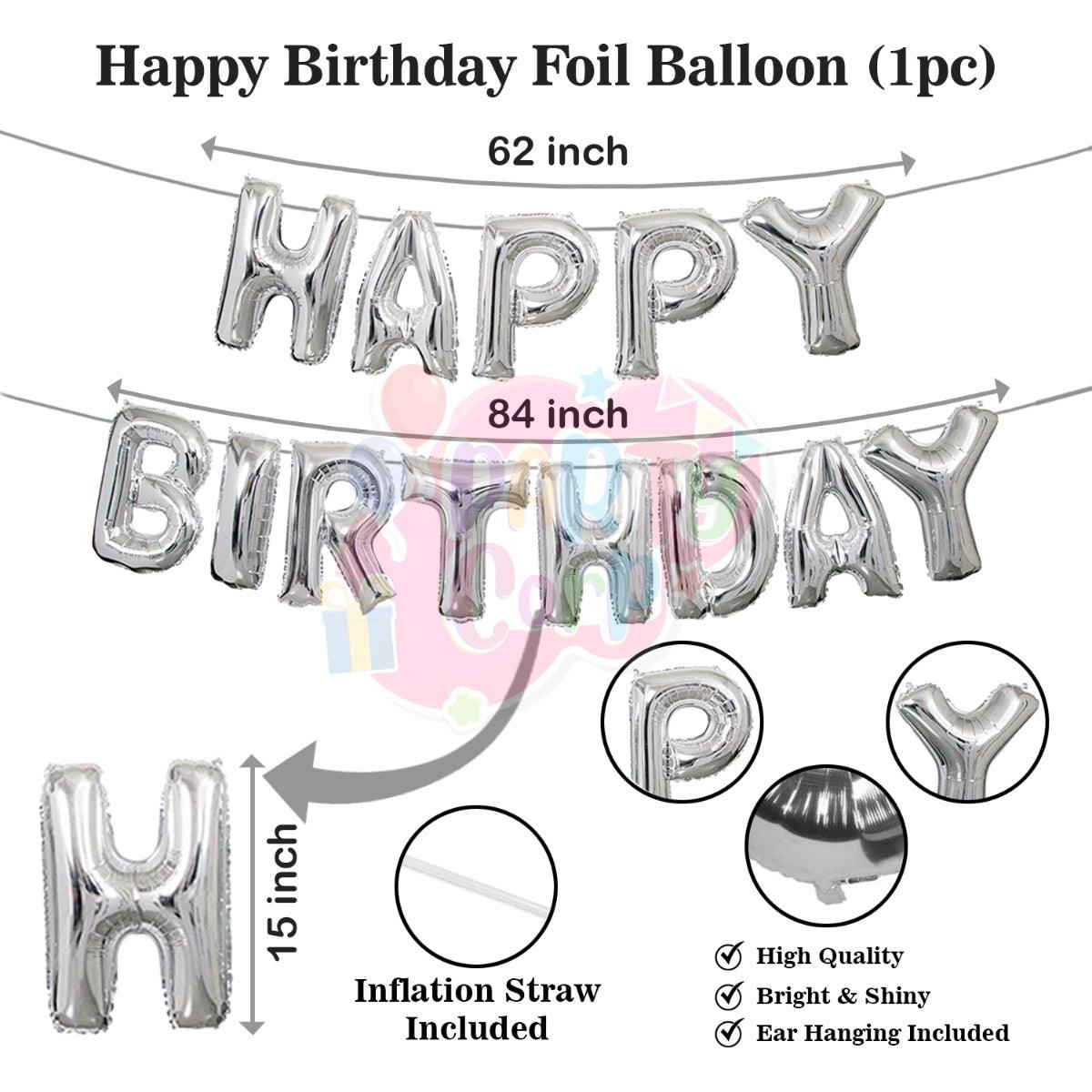 PartyCorp Happy Birthday Decoration Kit Combo 82 Pcs - Gold & Silver Chrome Balloons, Silver Happy birthday Foil Balloon Banner, Black Square Foil Curtain, Moon & Stars Foil Balloon Bouquet