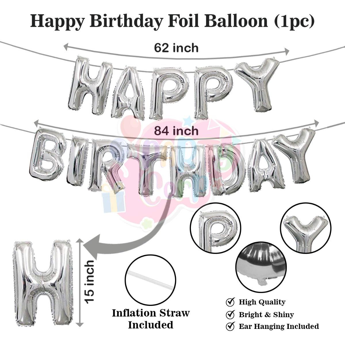 PartyCorp Happy Birthday Decoration Kit Combo 84 Pcs - Gold & Silver Chrome Balloons, Silver Happy Birthday Foil Banner, Black Curtain, Moon & Stars Foil Balloons