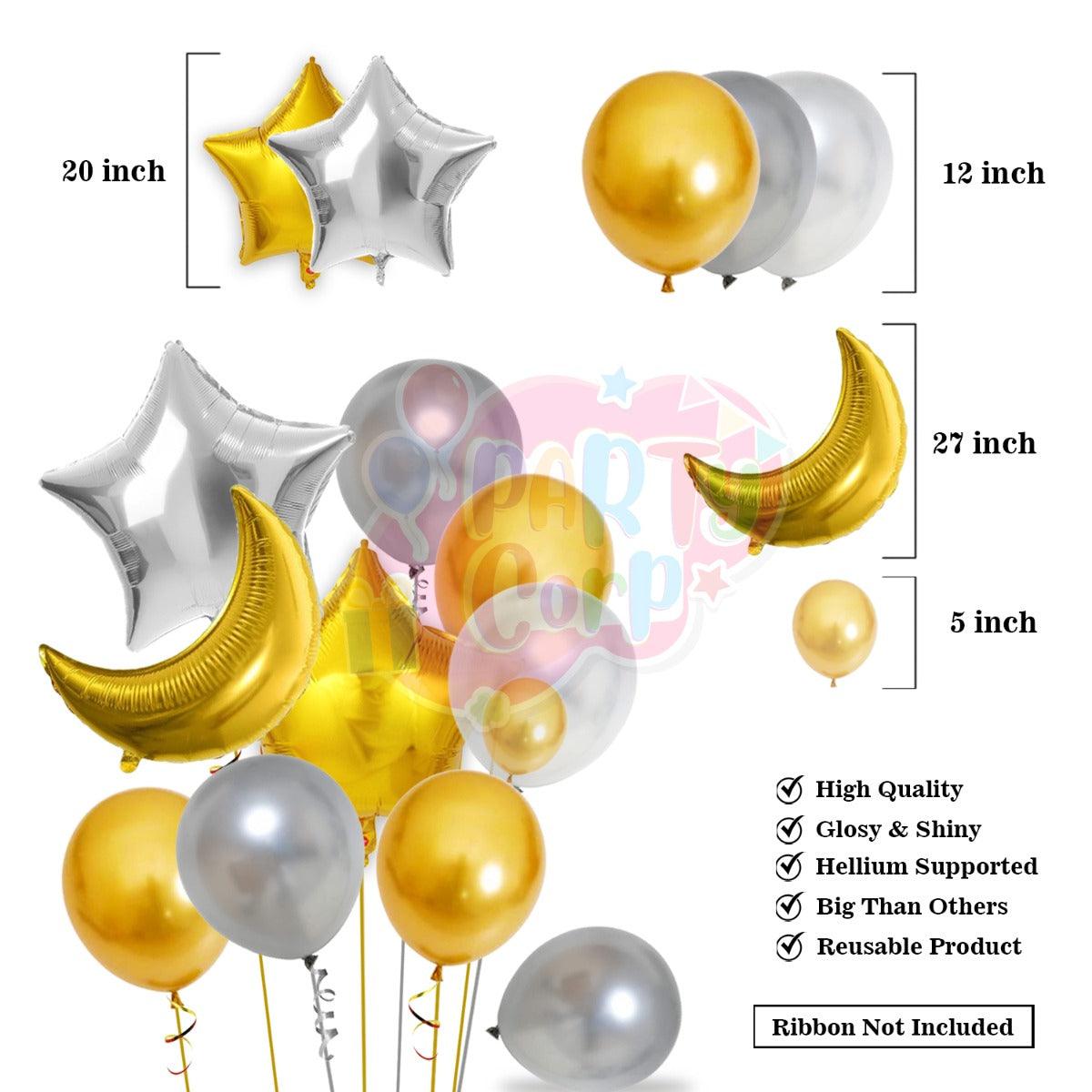 PartyCorp Happy Birthday Decoration Kit Combo 84 Pcs - Gold & Silver Chrome Balloons, Silver Happy Birthday Foil Banner, Black Curtain, Moon & Stars Foil Balloons