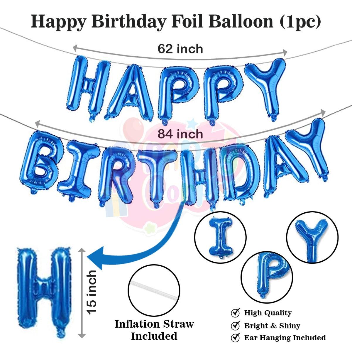 PartyCorp Happy Birthday Decoration Kit Combo 90 Pcs - Gold, Blue, White, Copper Chrome & Confetti Balloons, Blue Happy Birthday Banner, Silver Curtain, Blue Star & White Diamond Balloons
