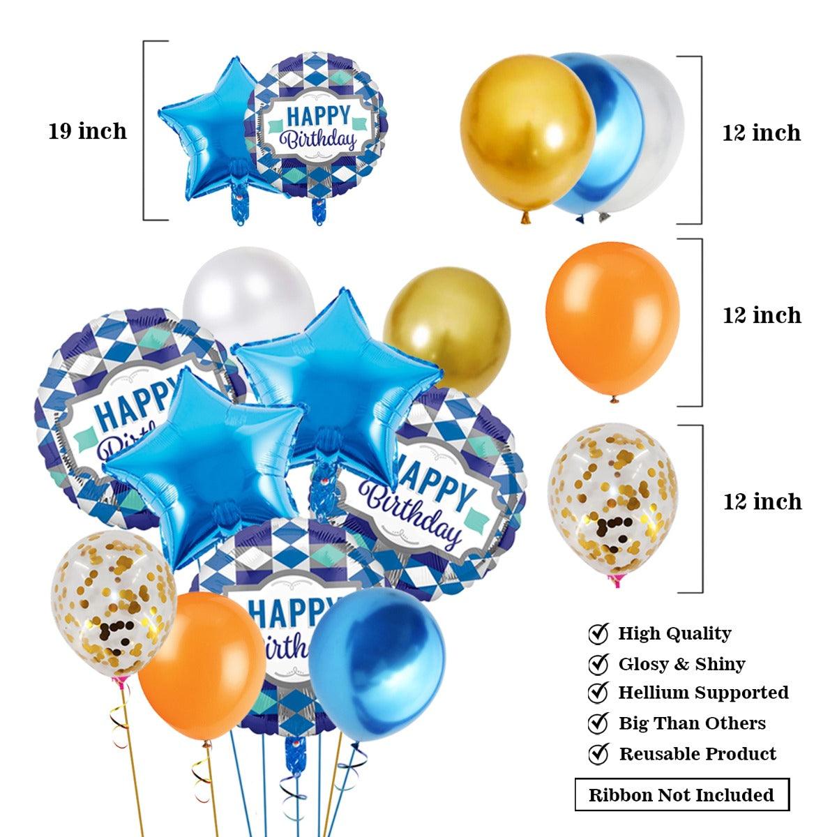 PartyCorp Happy Birthday Decoration Kit Combo 90 Pcs - Gold, Blue, White, Copper Chrome & Confetti Balloons, Blue Happy Birthday Banner, Silver Curtain, Blue Star & White Diamond Balloons