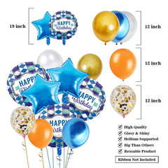 PartyCorp Happy Birthday Decoration Kit Combo 90 Pcs - Gold, Blue, White, Copper Chrome & Confetti Balloons, Blue Happy Birthday Banner, Silver Curtain, Blue Star & White Diamond Balloons