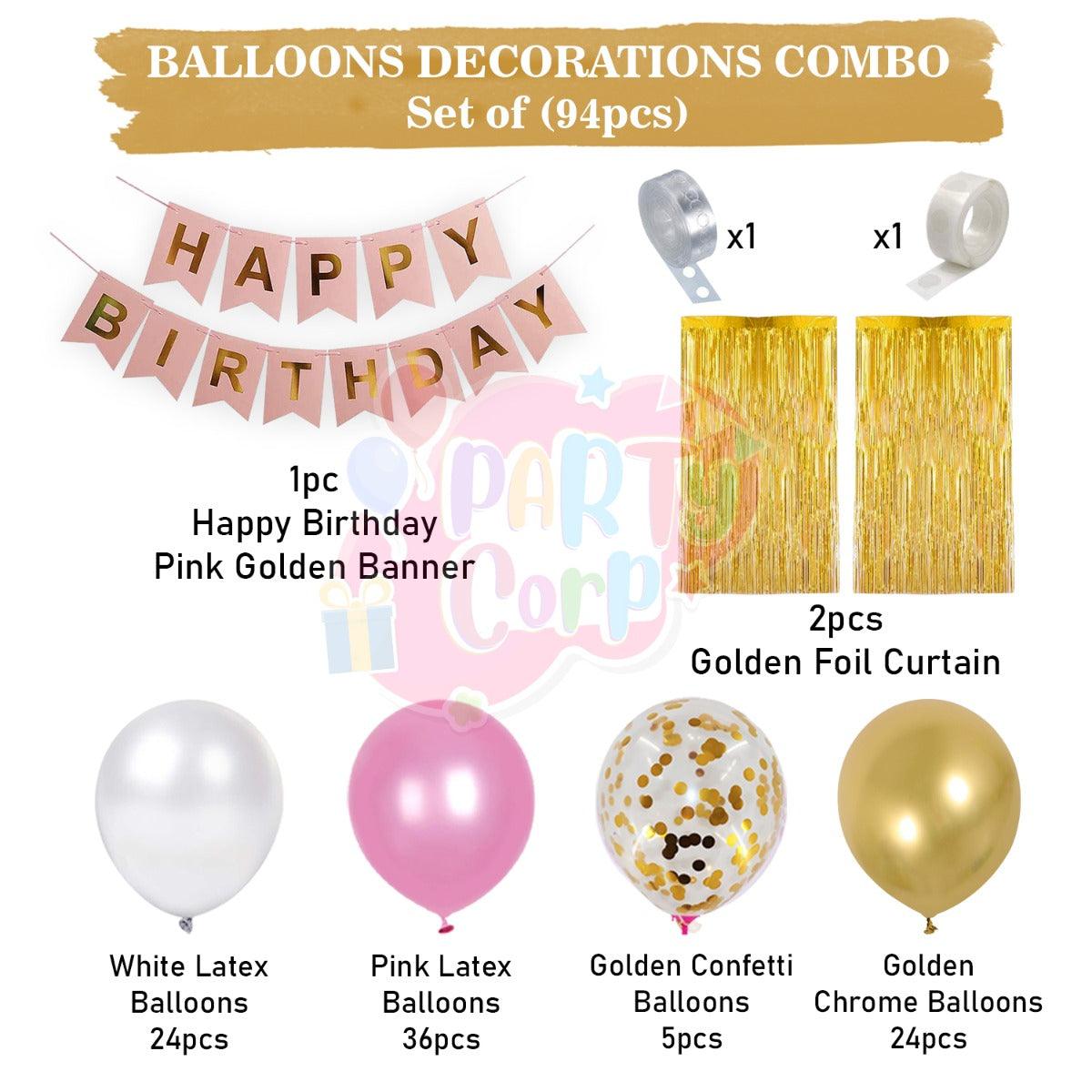 PartyCorp Happy Birthday Decoration Kit Combo 94 Pcs - White, Pink Latex, Gold Chrome & Confetti Balloons, Pink & Gold Happy Birthday Banner, Gold Curtain