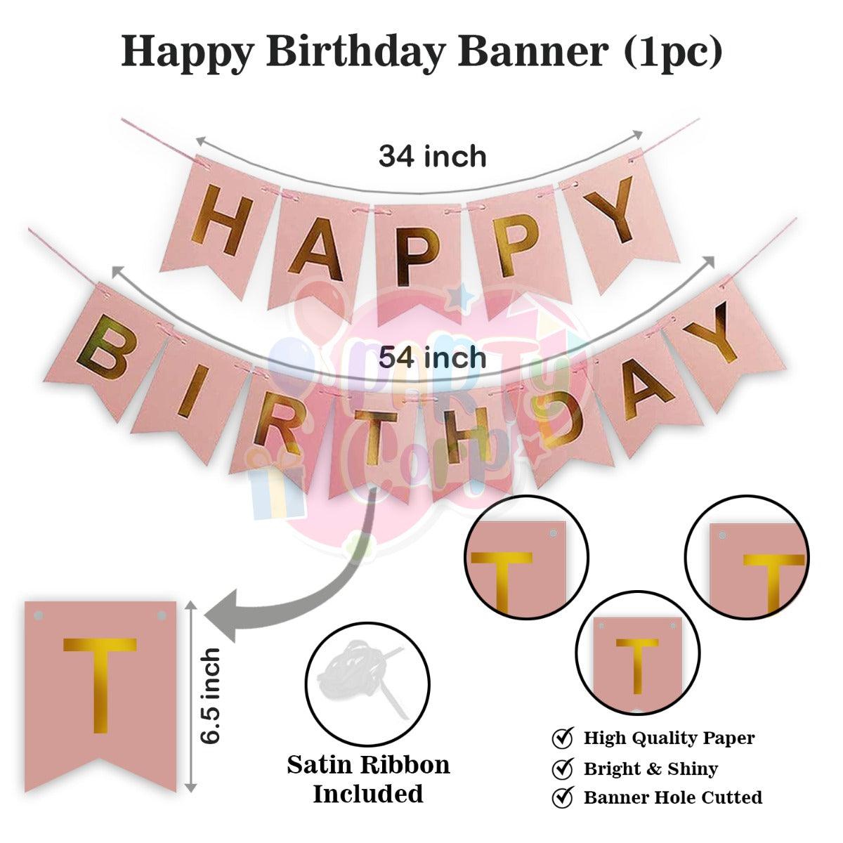 PartyCorp Happy Birthday Decoration Kit Combo 94 Pcs - White, Pink Latex, Gold Chrome & Confetti Balloons, Pink & Gold Happy Birthday Banner, Gold Curtain