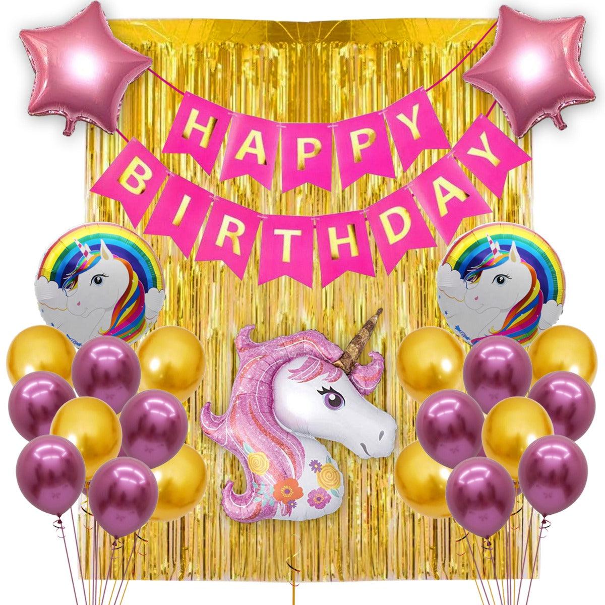 PartyCorp Happy Birthday Decoration Kit Combo Unicorn Theme 32 Pcs - Gold, Pink & Gold Chrome Balloons(24 pcs), 1 pc Pink & Gold Happy Birthday Printed Banner, 2 pc Gold Big Foil Curtain, 1 pc Unicorn Theme Pink Foil Balloon Bouquet
