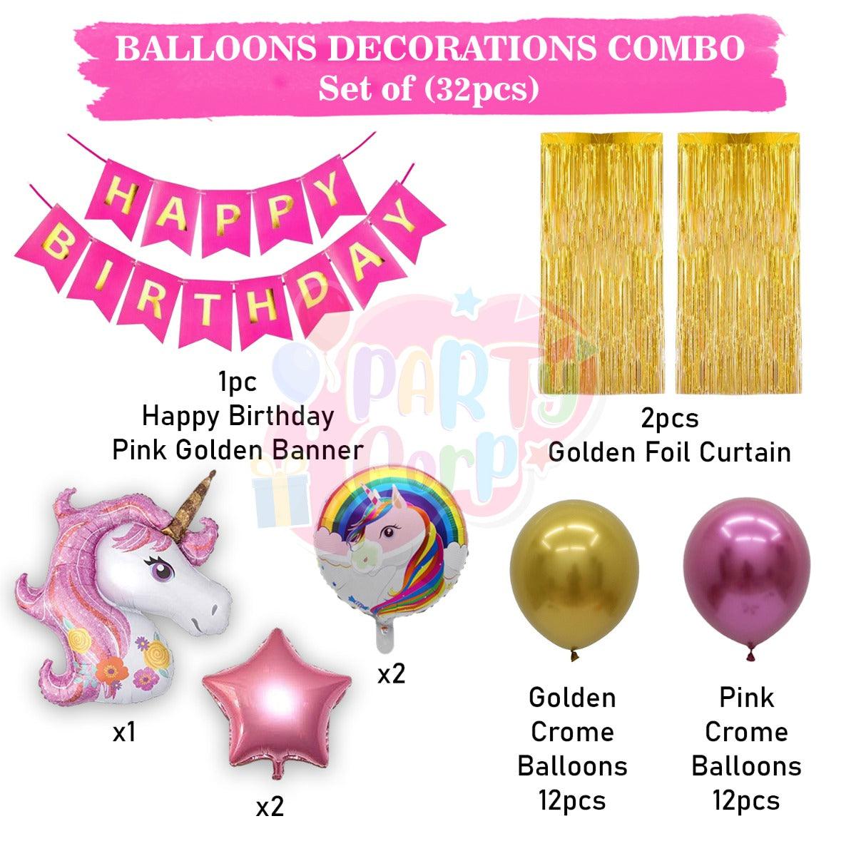 PartyCorp Happy Birthday Decoration Kit Combo Unicorn Theme 32 Pcs - Gold, Pink & Gold Chrome Balloons(24 pcs), 1 pc Pink & Gold Happy Birthday Printed Banner, 2 pc Gold Big Foil Curtain, 1 pc Unicorn Theme Pink Foil Balloon Bouquet