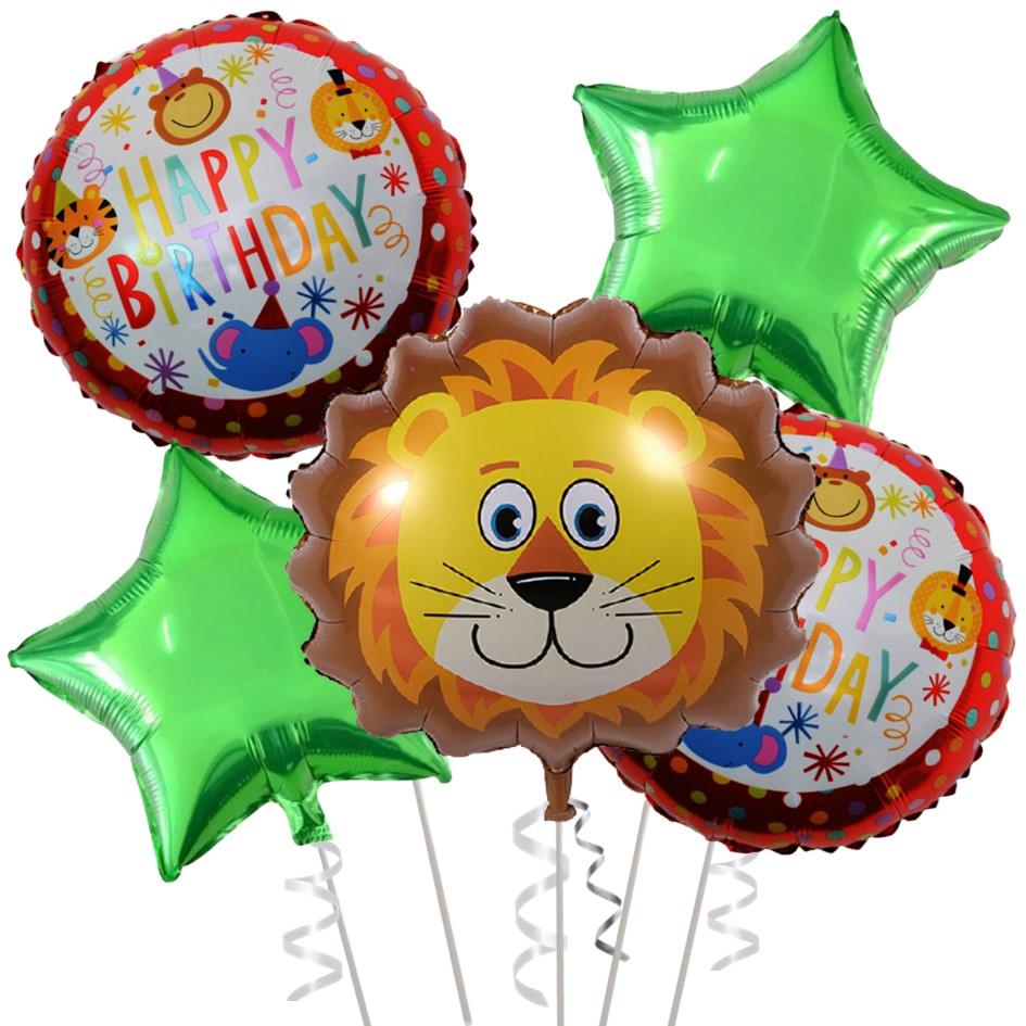 PartyCorp Happy Birthday Lion Animal Themed Foil Green Stars Balloon Bouquet, Decoration Set, DIY Pack Of 5