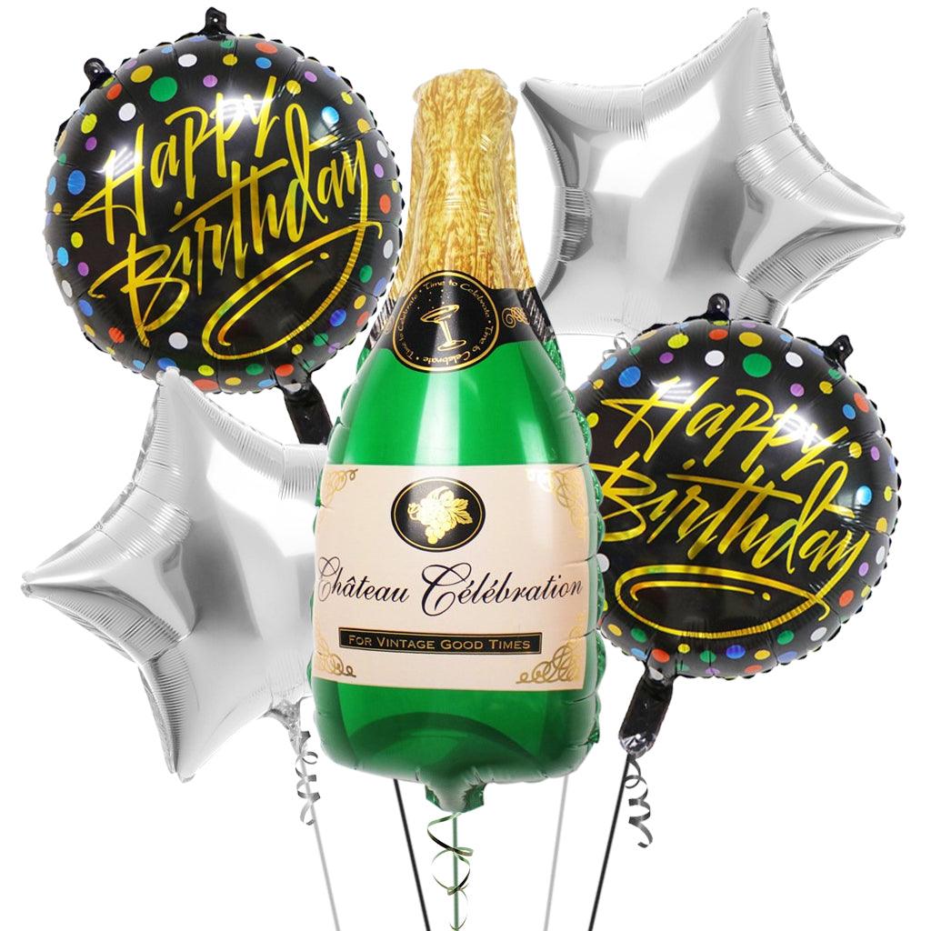 PartyCorp Happy Birthday Vintage Champagne Bottle and Silver Stars Foil Balloon Bouquet, Decoration Set, DIY Pack of 5