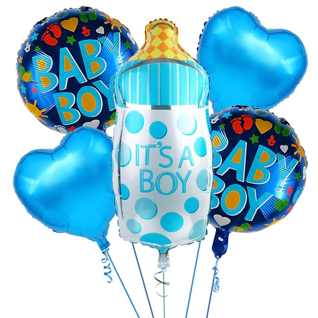 PartyCorp It's A Boy Baby Shower Milk Bottle, Blue Heart and Baby Boy Foil Balloon Bouquet, Decoration Set, DIY Pack Of 5