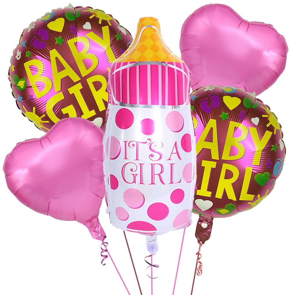 PartyCorp It's A Girl Baby Shower Milk Bottle, Pink Heart and Baby Girl Foil Balloon Bouquet, Decoration Set, DIY Pack Of 5