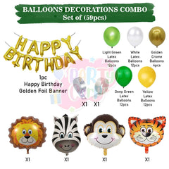 PartyCorp Jungle Safari Happy Birthday Decoration Kit Combo 59 Pcs - Dark Green, Yellow, Light Green & White Latex & Gold Chrome Balloons, Gold Happy Birthday Banner, Animal Head Foil Balloons