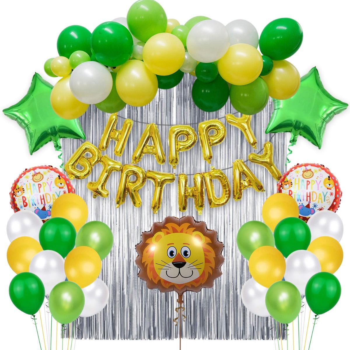 PartyCorp Jungle Theme Happy Birthday Decoration Kit Combo 58 Pcs - Dark Green, Yellow, Light Green & White Latex Balloons, Gold Happy Birthday Banner, Silver Curtain, Lion Foil Balloon