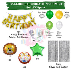 PartyCorp Jungle Theme Happy Birthday Decoration Kit Combo 58 Pcs - Dark Green, Yellow, Light Green & White Latex Balloons, Gold Happy Birthday Banner, Silver Curtain, Lion Foil Balloon