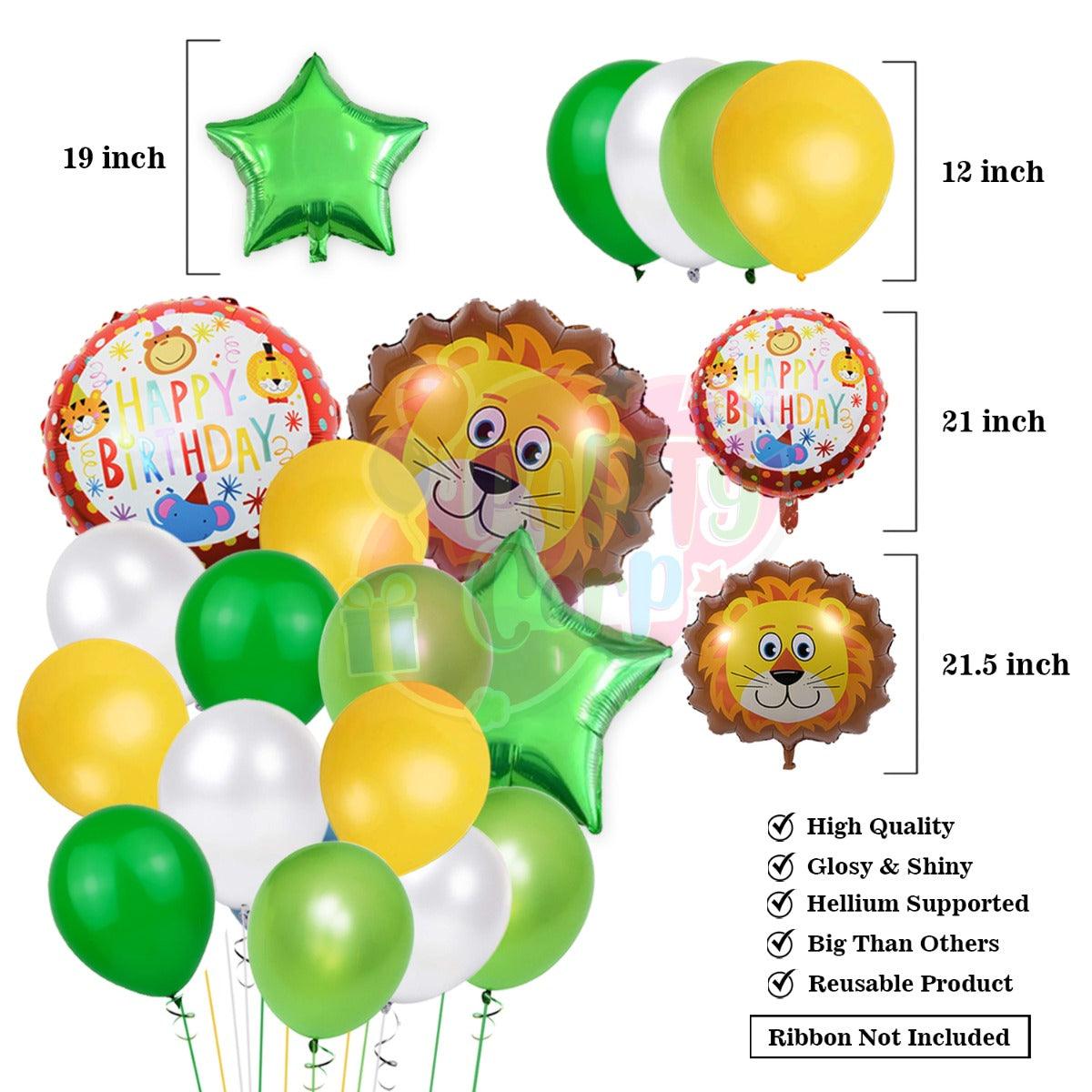 PartyCorp Jungle Theme Happy Birthday Decoration Kit Combo 58 Pcs - Dark Green, Yellow, Light Green & White Latex Balloons, Gold Happy Birthday Banner, Silver Curtain, Lion Foil Balloon