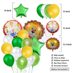 PartyCorp Jungle Theme Happy Birthday Decoration Kit Combo 58 Pcs - Dark Green, Yellow, Light Green & White Latex Balloons, Gold Happy Birthday Banner, Silver Curtain, Lion Foil Balloon