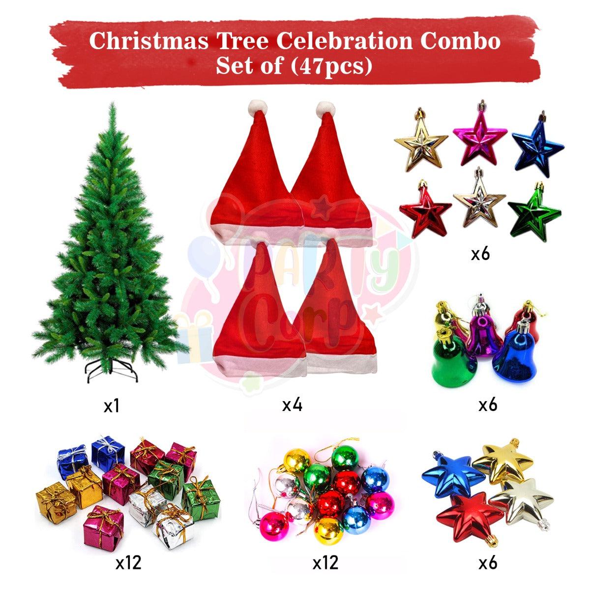 PartyCorp Merry Christmas Christmas Tree 4 feet with Danglers and Hats Combo 47 pcs - Christmas Tree, Red and White Santa Hats, Star Shaped Danglers, Big Star Shaped Danglers, Bell Shaped Danglers, Ball Shaped Danglers, Gift box shaped Danglers