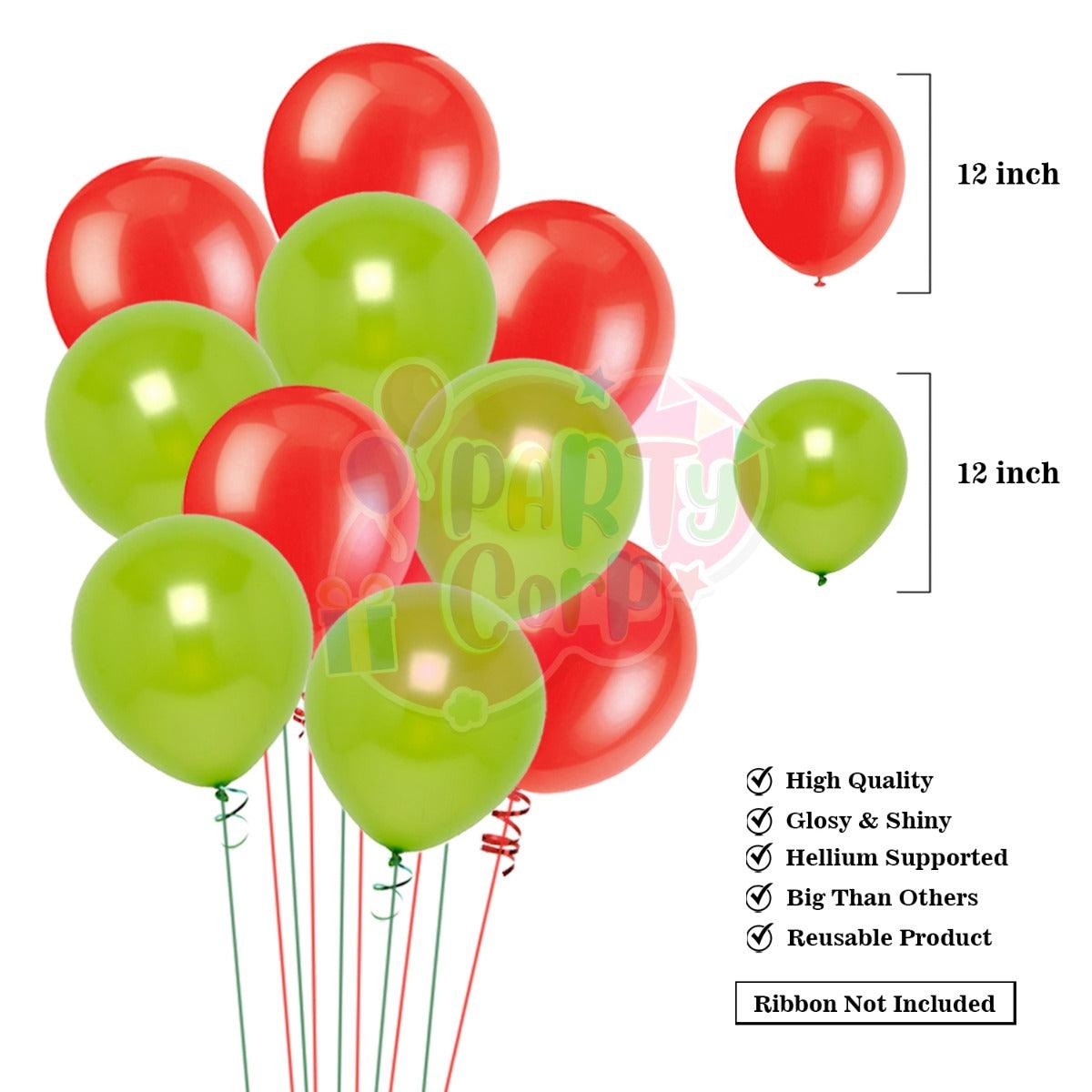 PartyCorp Merry Christmas Decoration Kit Combo 27 Pcs - Light Green, Red Latex Balloons(24 pcs), 1 pc Merry Christmas Printed Banner, 2 pc Gold Big Foil Curtain