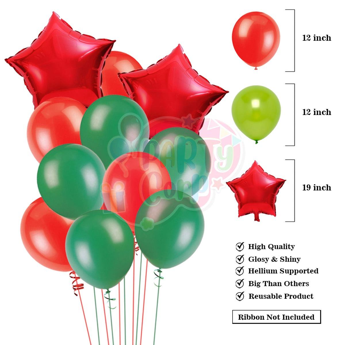 PartyCorp Merry Christmas Decoration Kit Combo 27 Pcs - Dark Green, Red Balloons, Gold Merry Christmas Foil Banner, Red Star Foil Balloon
