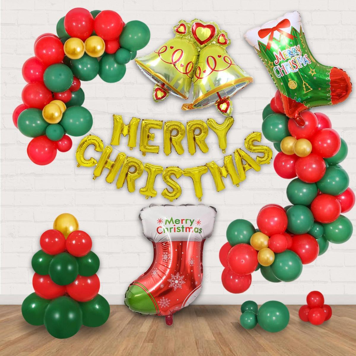 PartyCorp Merry Christmas Decoration Kit Combo 64 Pcs - Dark Green, Red Balloons, Gold Chrome Balloon, Gold Merry Christmas Foil Banner, Large Bell Foil Balloon, 2 Socks Foil Balloon