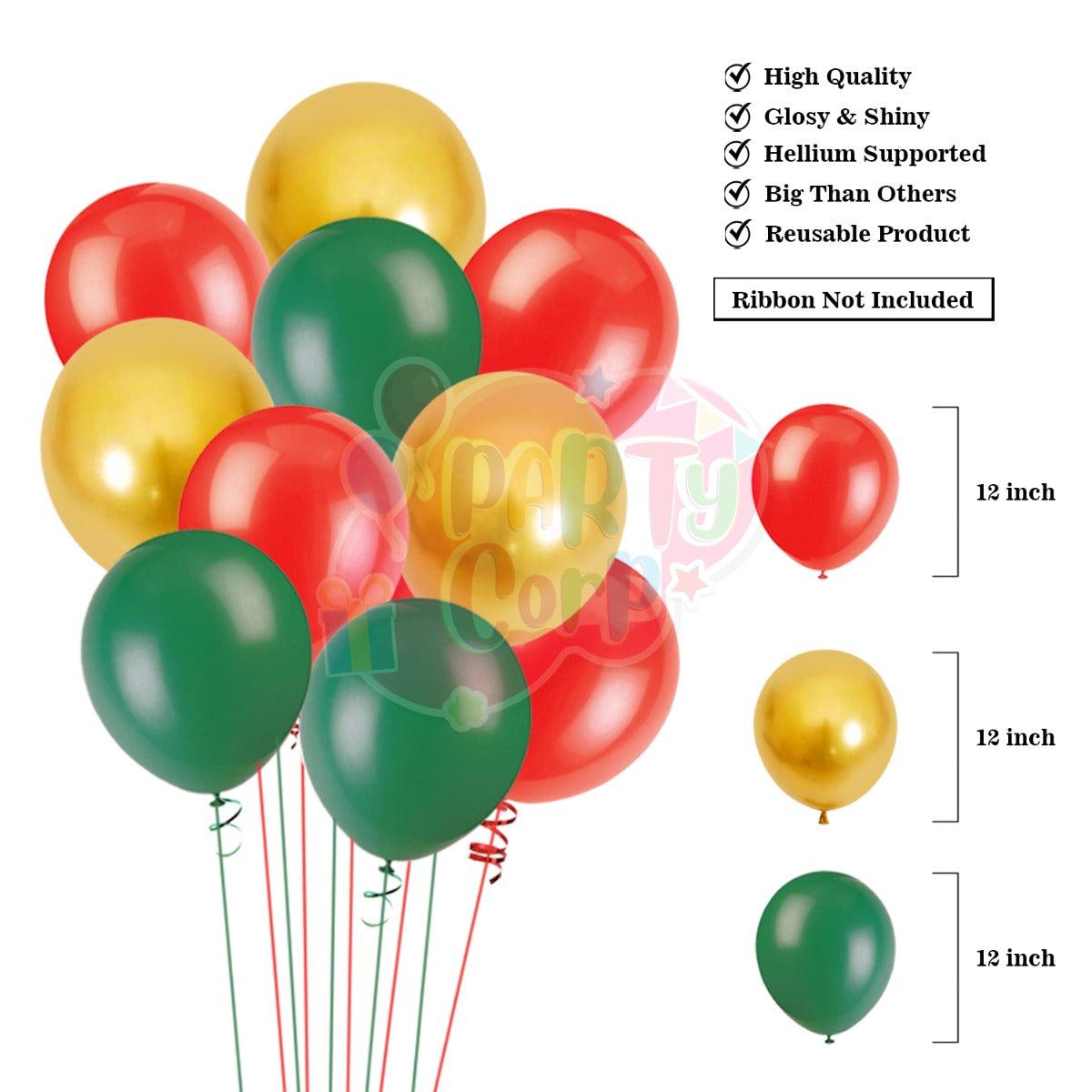 PartyCorp Merry Christmas Decoration Kit Combo 64 Pcs - Dark Green, Red Balloons, Gold Chrome Balloon, Gold Merry Christmas Foil Banner, Large Bell Foil Balloon, 2 Socks Foil Balloon