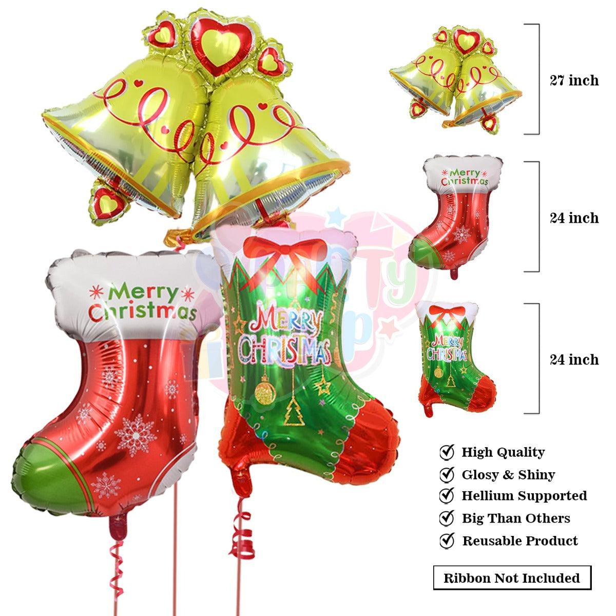 PartyCorp Merry Christmas Decoration Kit Combo 64 Pcs - Dark Green, Red Balloons, Gold Chrome Balloon, Gold Merry Christmas Foil Banner, Large Bell Foil Balloon, 2 Socks Foil Balloon