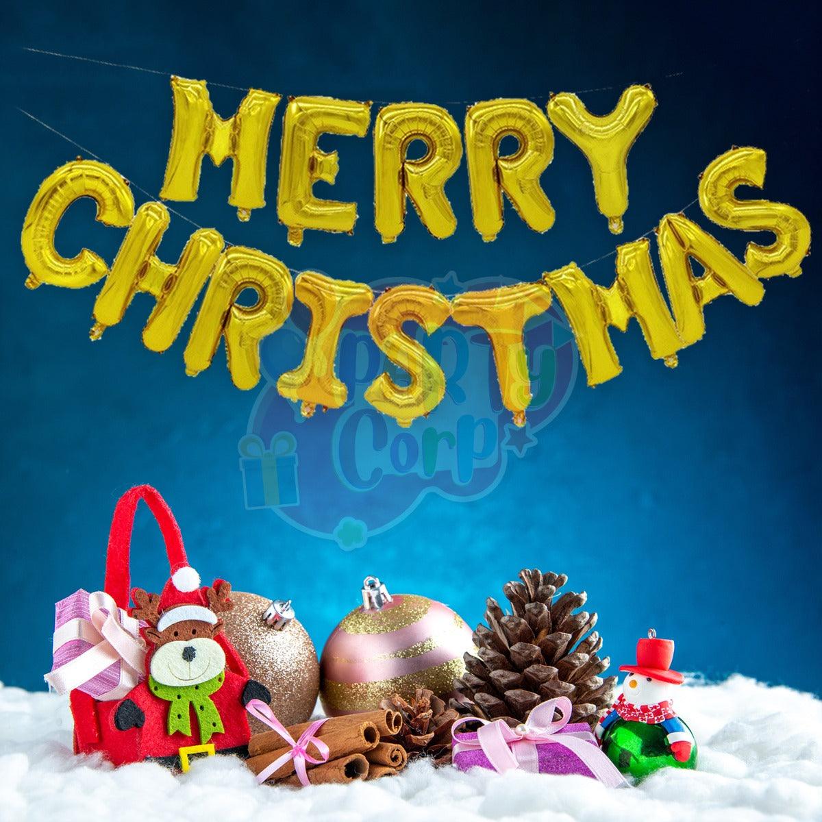 PartyCorp Merry Christmas Decoration Kit Combo 64 Pcs - Dark Green, Red Balloons, Gold Chrome Balloon, Gold Merry Christmas Foil Banner, Large Bell Foil Balloon, 2 Socks Foil Balloon