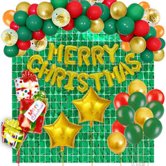 PartyCorp Merry Christmas Decoration Kit Combo 76 Pcs - Dark Green, Red Balloons, Gold & Copper Chrome Balloon, Gold Confetti, Gold Merry Christmas Foil Banner, Green Diamond Curtain, Gold Star Foil Balloon, Large Gift Foil Balloon