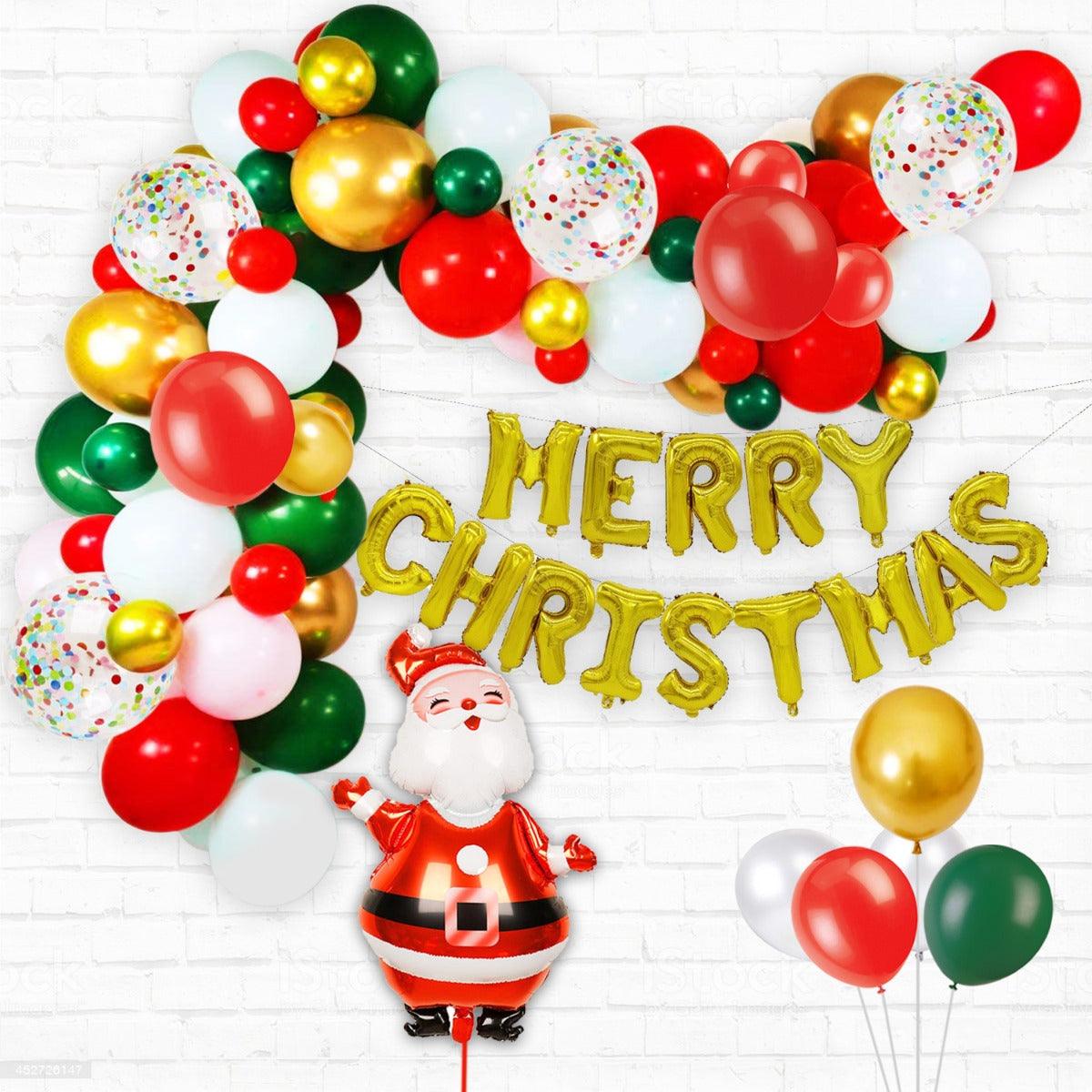 PartyCorp Merry Christmas Decoration Kit Combo 79 Pcs - Dark Green, Red, White Latex Balloons, Gold Chrome Balloons, Multicolour confetti, Gold Merry Christmas Foil Banner, Santa Foil Balloon