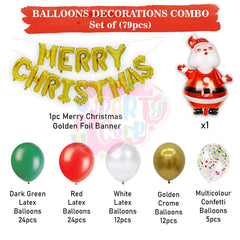 PartyCorp Merry Christmas Decoration Kit Combo 79 Pcs - Dark Green, Red, White Latex Balloons, Gold Chrome Balloons, Multicolour confetti, Gold Merry Christmas Foil Banner, Santa Foil Balloon