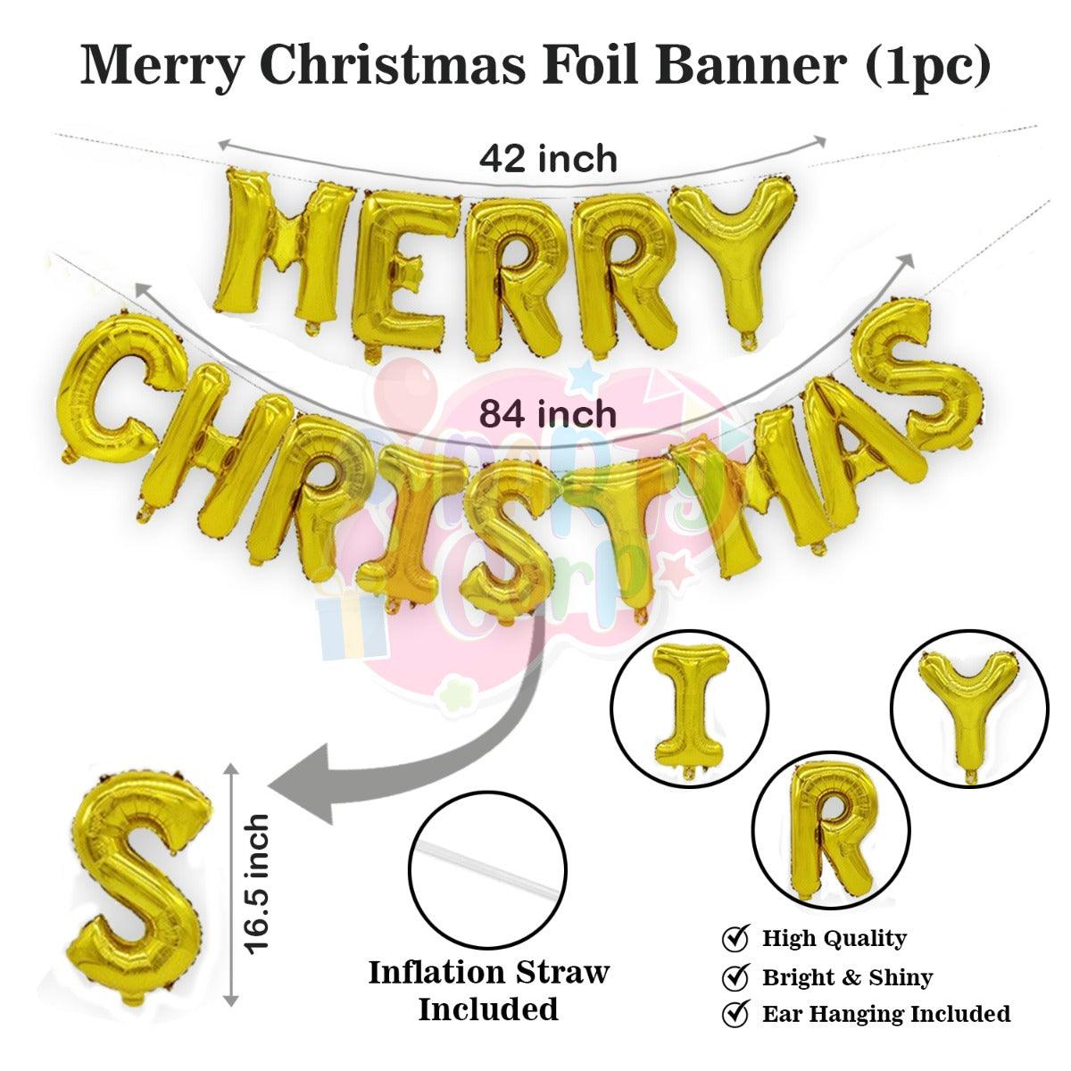 PartyCorp Merry Christmas Decoration Kit Combo 79 Pcs - Dark Green, Red, White Latex Balloons, Gold Chrome Balloons, Multicolour confetti, Gold Merry Christmas Foil Banner, Santa Foil Balloon