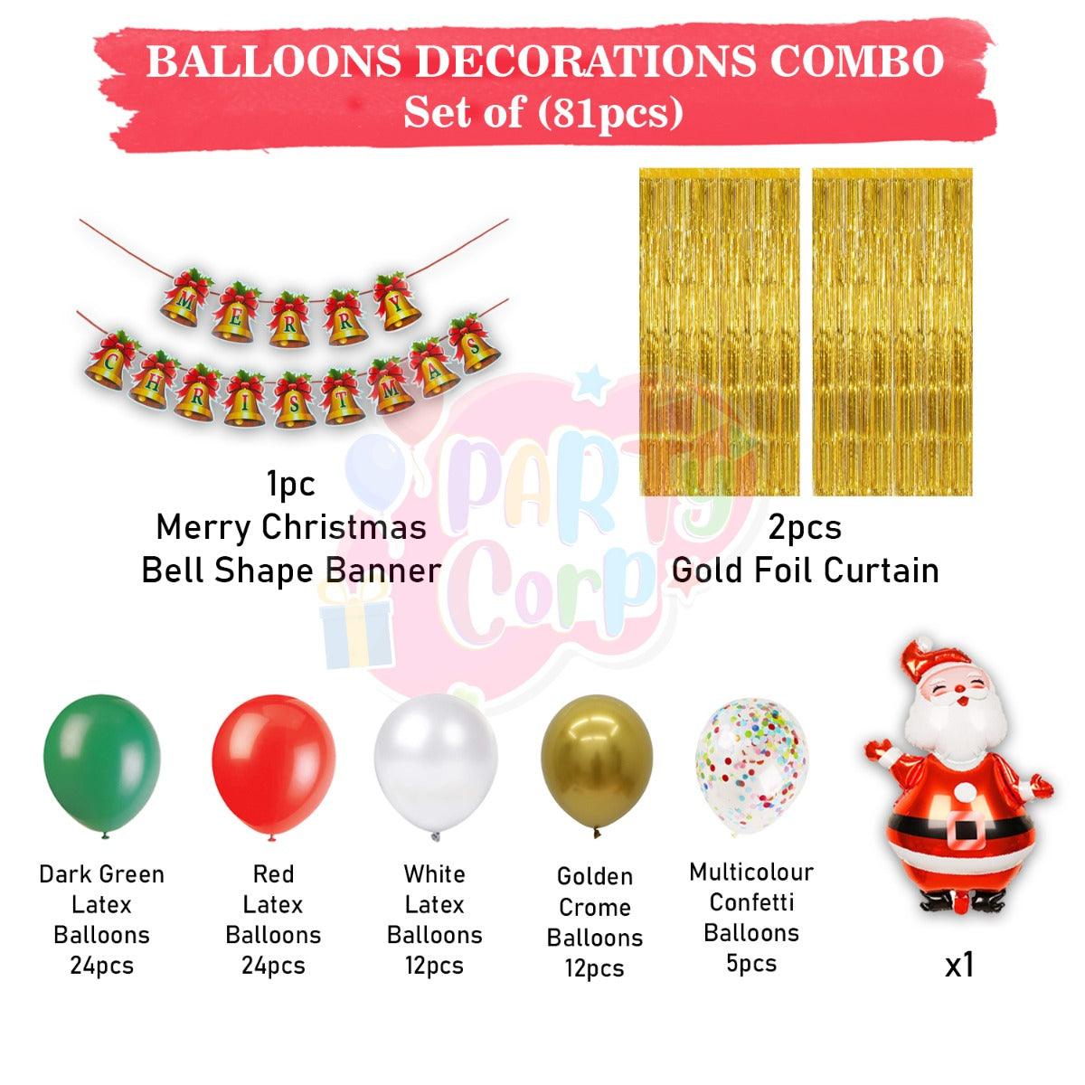 PartyCorp Merry Christmas Decoration Kit Combo 81 Pcs - Dark Green, Red, White Latex Balloons (60 pcs), Gold Chrome Balloons (12 pcs), Multicolour confetti (5 pcs), 1 pc Merry Christmas Printed Banner, 1 pc Santa Foil Balloon,2 pc Gold Big Foil Curtain